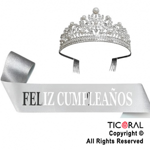 SET VINCHA Y BANDA FELIZ CUMPLEA�OS PERLAS Y STRASS PLATA (10548E) X 1